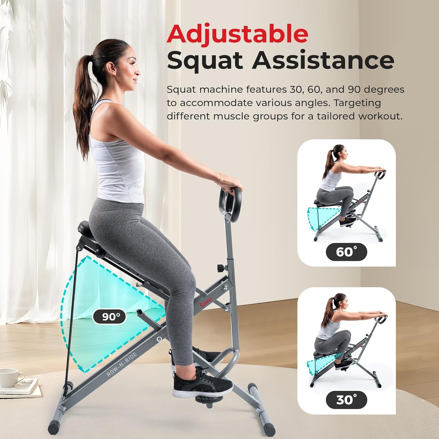 Row-N-Ride Squat Assist Trainer, Foldable & Easy Setup Exercise Equipment W/Adjustable Resistance, Home Gym Training Machine for Arm, Glute & Leg Workout, Optional in Colors