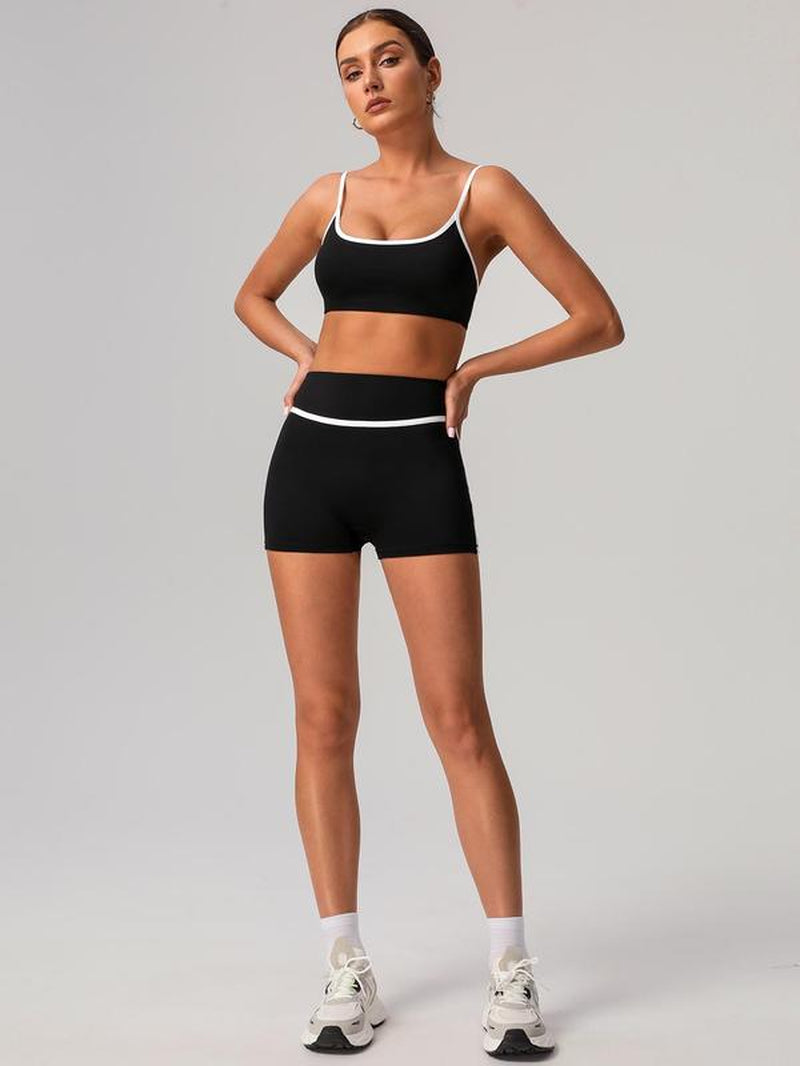 Women'S Contrast Binding Crop Sports Bra & High Waist Shorts Sportswear Set, Breathable Comfortable Outfits for Yoga Gym Workout Running, Tracksuit Set, Ladies Sportswear for All Seasons