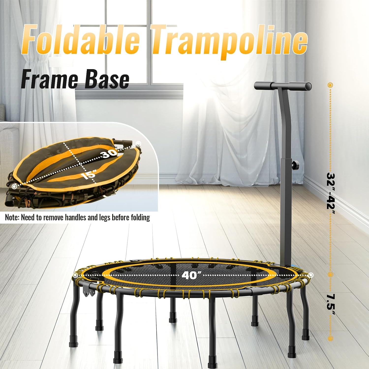 Vimexciter 40" Foldable Mini Fitness Trampoline with Adjustable Foam Handle, Exercise Rebounder for Adults Kids Indoor/Garden Exercise, Max Load 330Lbs, Blue