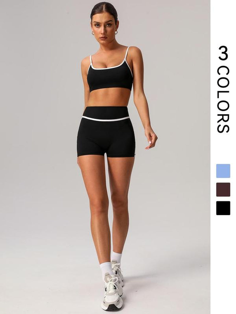 Women'S Contrast Binding Crop Sports Bra & High Waist Shorts Sportswear Set, Breathable Comfortable Outfits for Yoga Gym Workout Running, Tracksuit Set, Ladies Sportswear for All Seasons