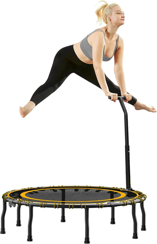 Vimexciter 40" Foldable Mini Fitness Trampoline with Adjustable Foam Handle, Exercise Rebounder for Adults Kids Indoor/Garden Exercise, Max Load 330Lbs, Blue