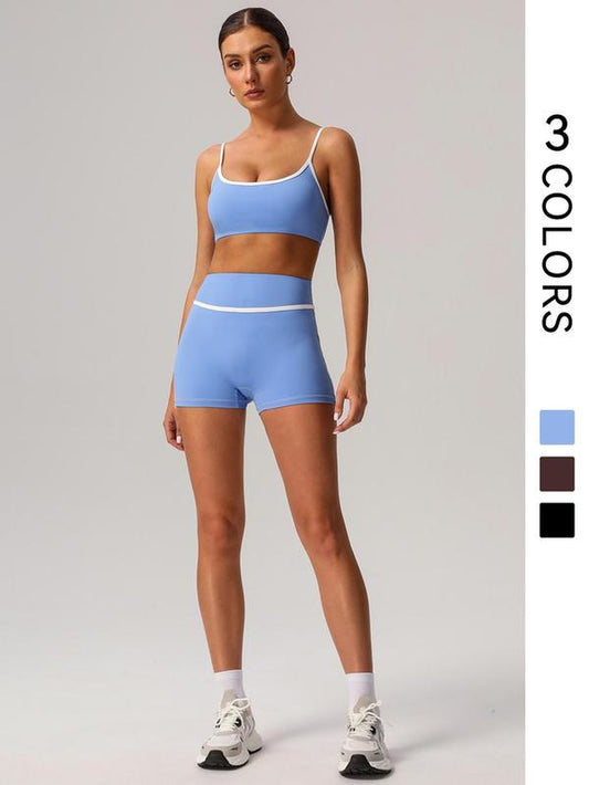 Women'S Contrast Binding Crop Sports Bra & High Waist Shorts Sportswear Set, Breathable Comfortable Outfits for Yoga Gym Workout Running, Tracksuit Set, Ladies Sportswear for All Seasons