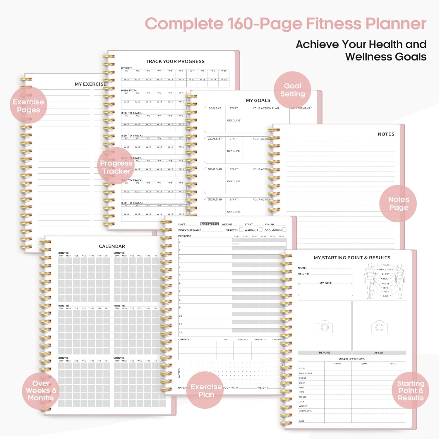 Fitness Workout Journal for Women & Men, A5(5.5" X 8.2") Workout Log Book Planner for Tracking, Progress, and Achieving Your Wellness Goals-Pink