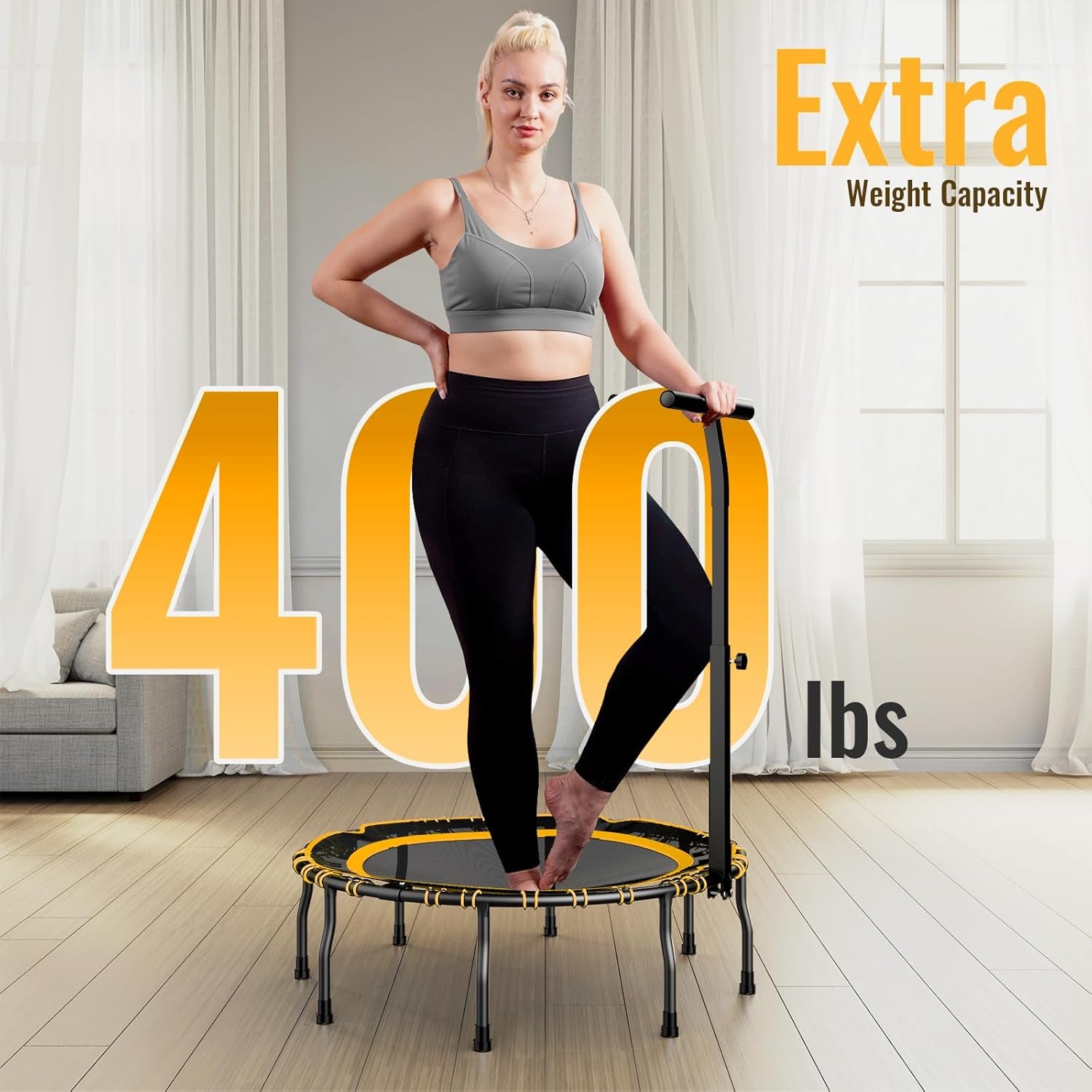 Vimexciter 40" Foldable Mini Fitness Trampoline with Adjustable Foam Handle, Exercise Rebounder for Adults Kids Indoor/Garden Exercise, Max Load 330Lbs, Blue