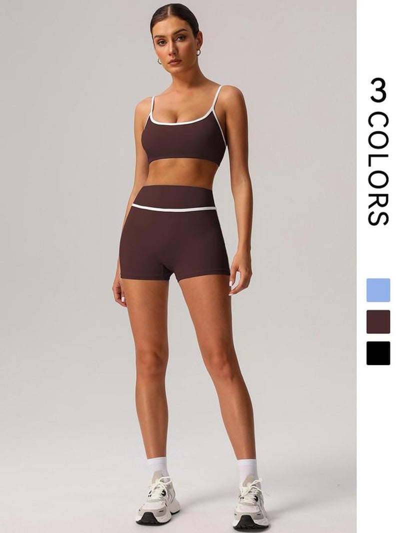 Women'S Contrast Binding Crop Sports Bra & High Waist Shorts Sportswear Set, Breathable Comfortable Outfits for Yoga Gym Workout Running, Tracksuit Set, Ladies Sportswear for All Seasons