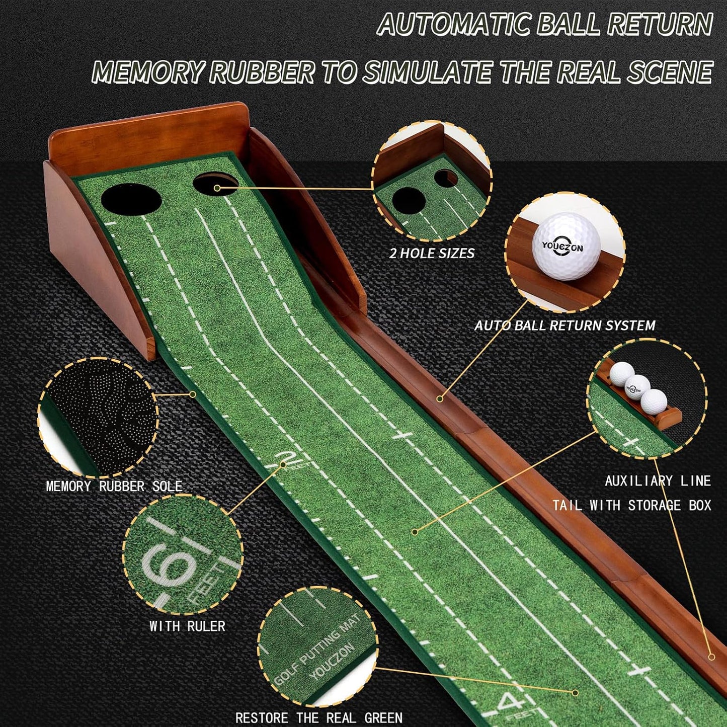 Putting Green Indoor,Wrinkle-Free Golf Mat with Auto Ball Return - Durable Solid Wood Base, Luxurious Velvet Surface - Ideal for Home or Office