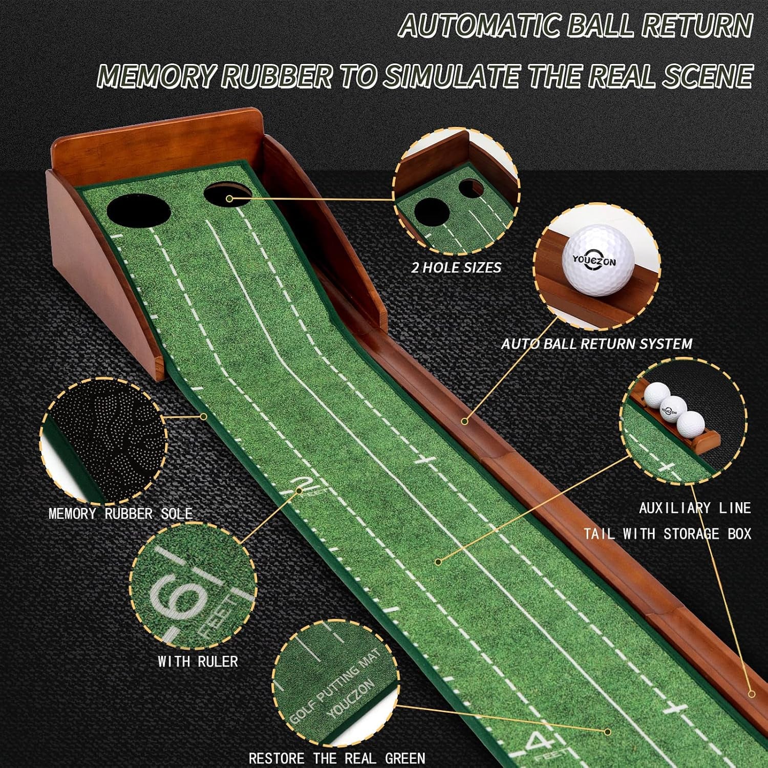 Putting Green Indoor,Wrinkle-Free Golf Mat with Auto Ball Return - Durable Solid Wood Base, Luxurious Velvet Surface - Ideal for Home or Office
