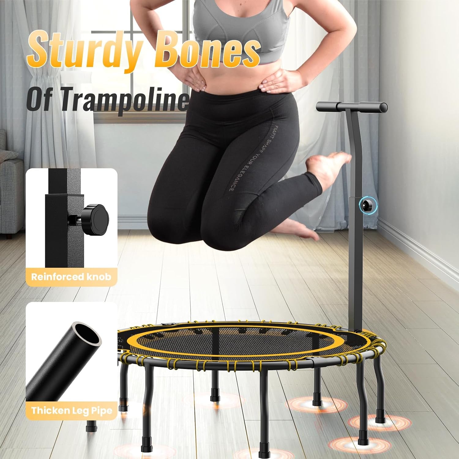 Vimexciter 40" Foldable Mini Fitness Trampoline with Adjustable Foam Handle, Exercise Rebounder for Adults Kids Indoor/Garden Exercise, Max Load 330Lbs, Blue